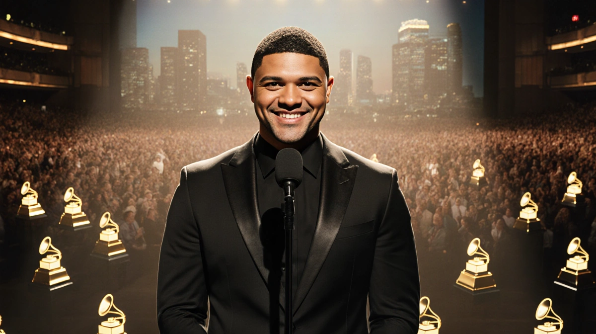 Trevor Noah performing at microphone with Grammy statues behind him and warm golden lighting showing his smile
