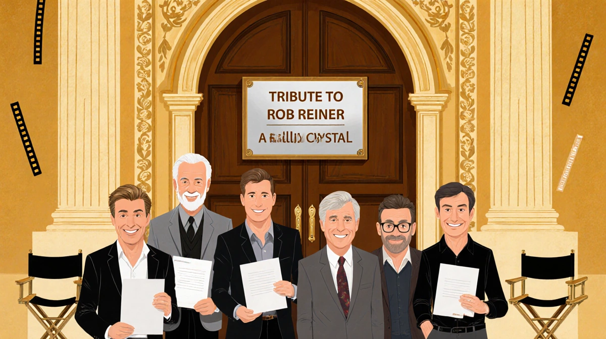 Group of comedians standing before ornate door with Tribute to Rob Reiner plaque and holding letters in golden background