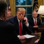 President Trump angrily gestures on phone with stern Republican senators seated across his desk