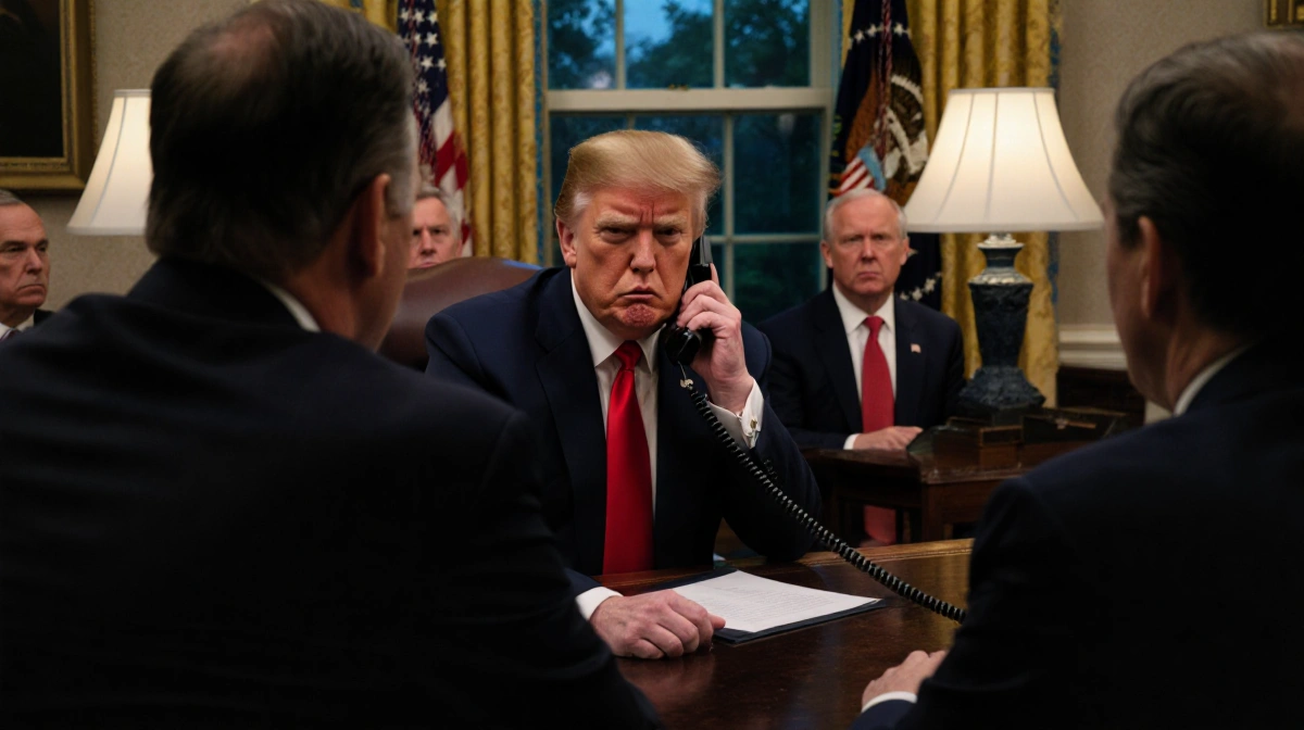 President Trump angrily gestures on phone with stern Republican senators seated across his desk