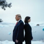 Two figures stand back-to-back at frozen lake edge with Canadian Arctic landscape and distant polar bears visible