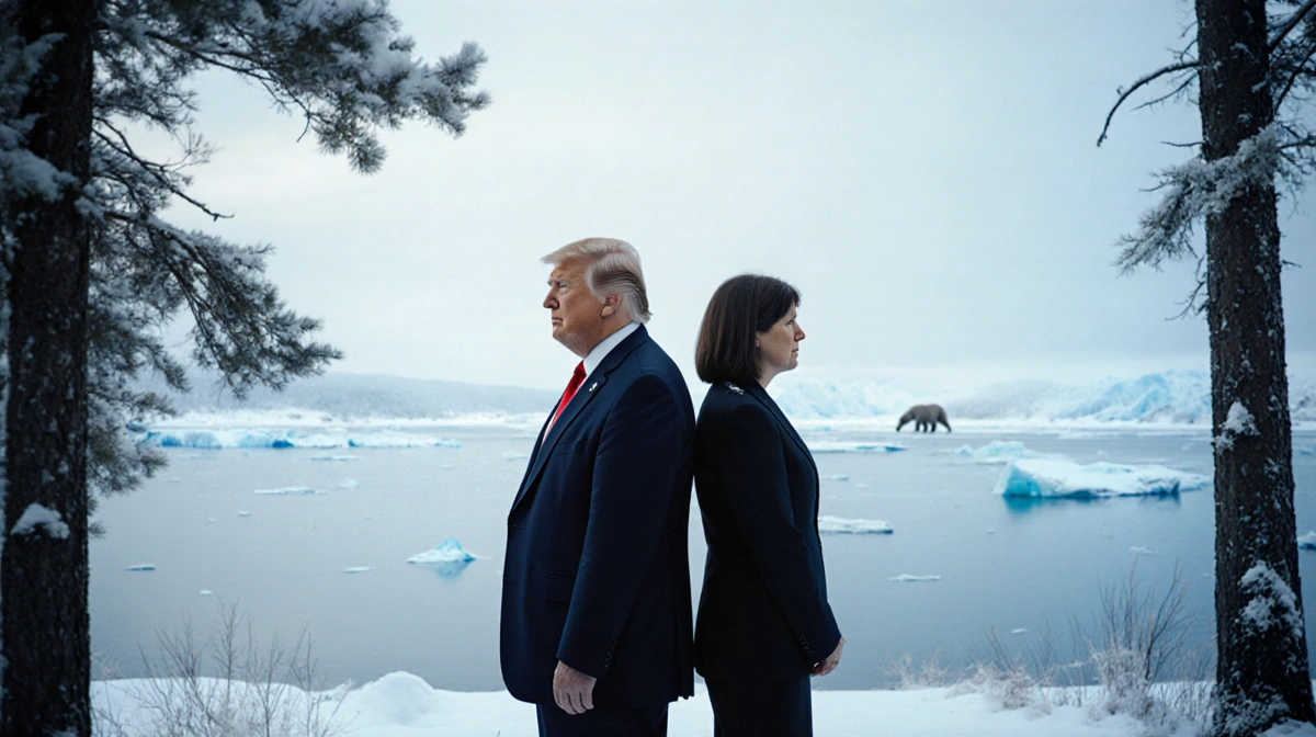 Two figures stand back-to-back at frozen lake edge with Canadian Arctic landscape and distant polar bears visible