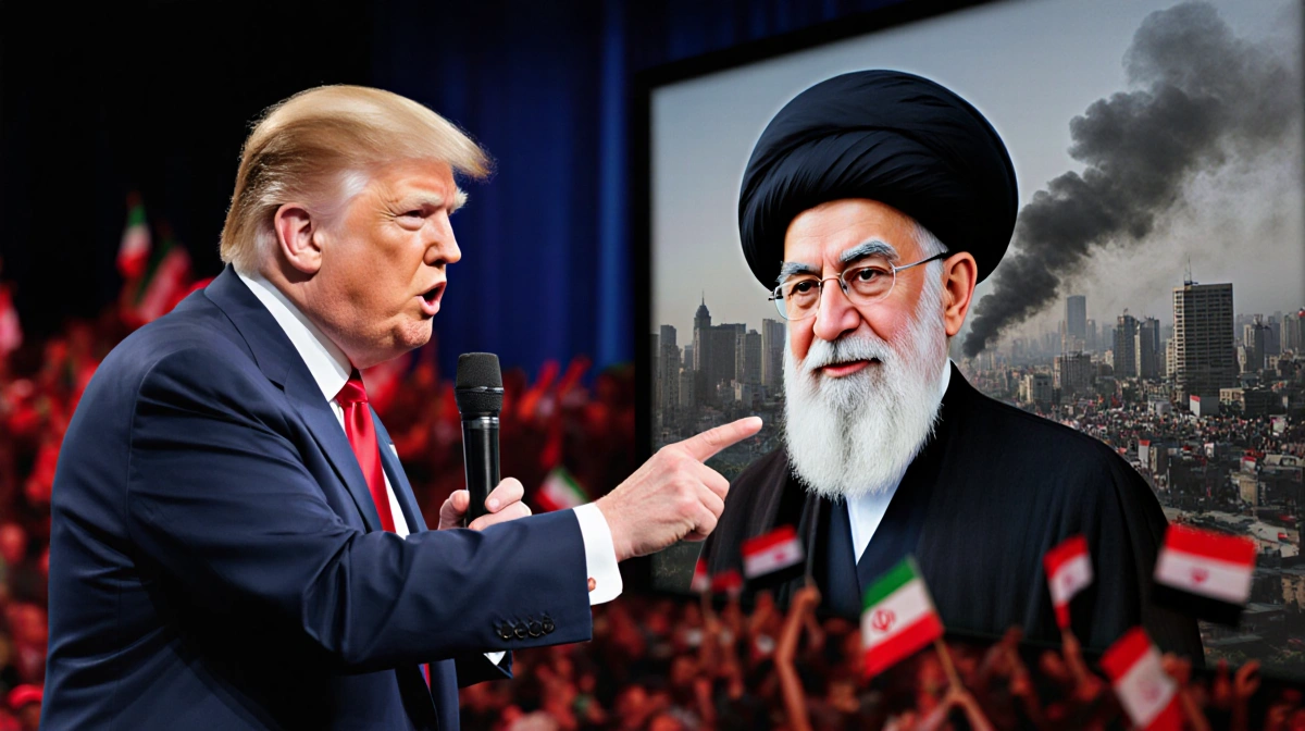 Donald Trump speaking at podium with microphone and pointing toward screen showing Ayatollah Khamenei with protesters in back