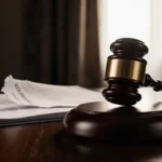 Gavel resting on polished courtroom table with legal papers showing torn sheet and sunlight from window