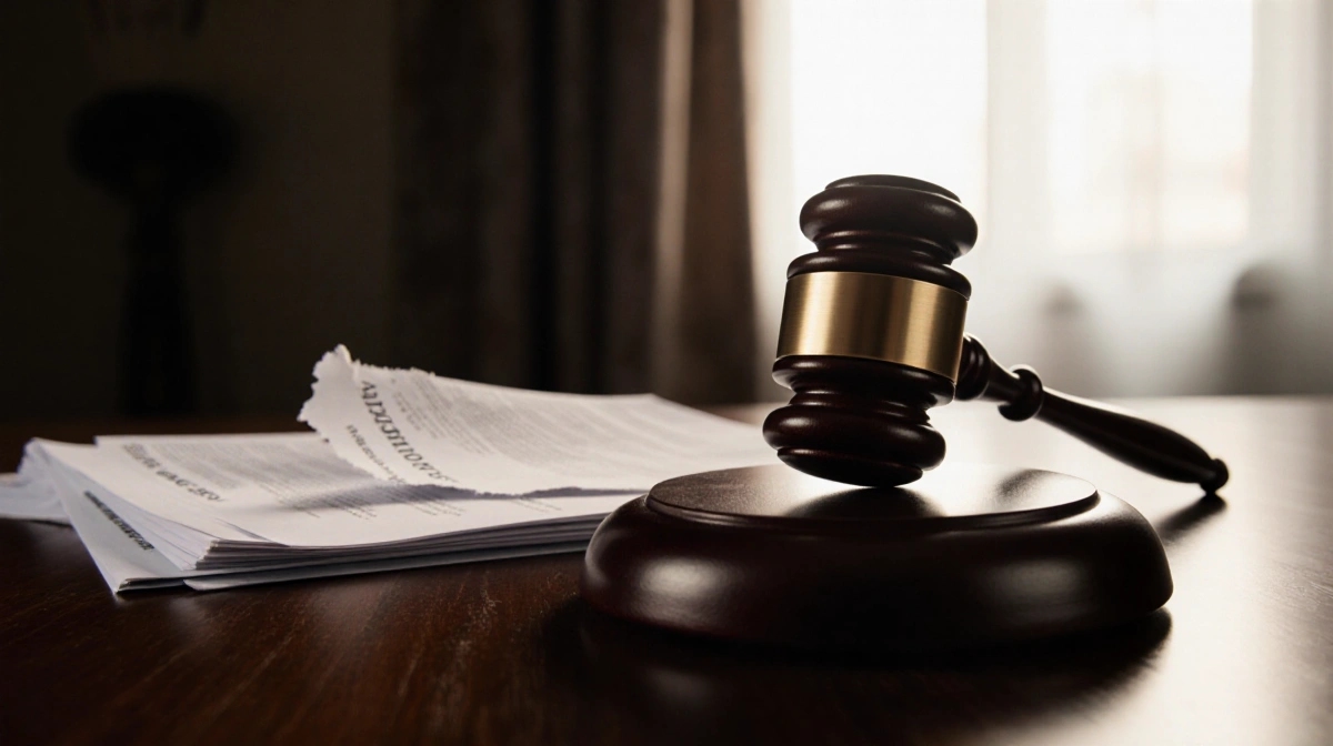 Gavel resting on polished courtroom table with legal papers showing torn sheet and sunlight from window