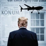 Trump standing with blurred news headlines behind and a faint drone outline near a window.