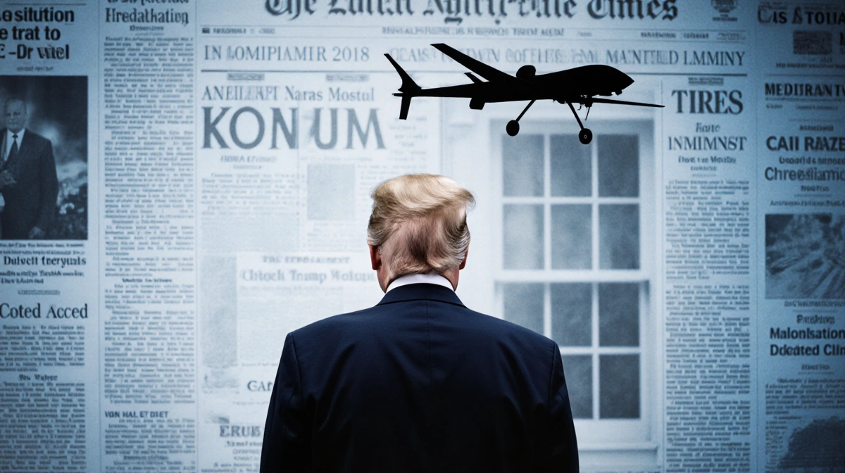Trump standing with blurred news headlines behind and a faint drone outline near a window.