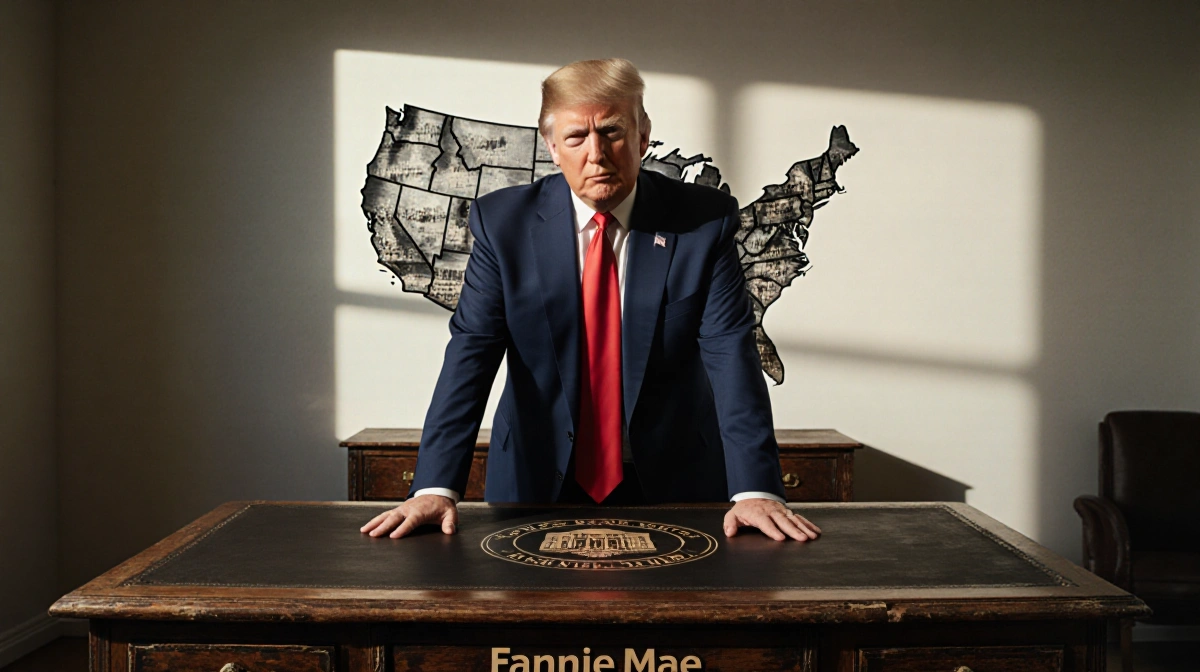 Donald Trump stands confidently at wooden desk with Fannie Mae logo and American cityscape behind