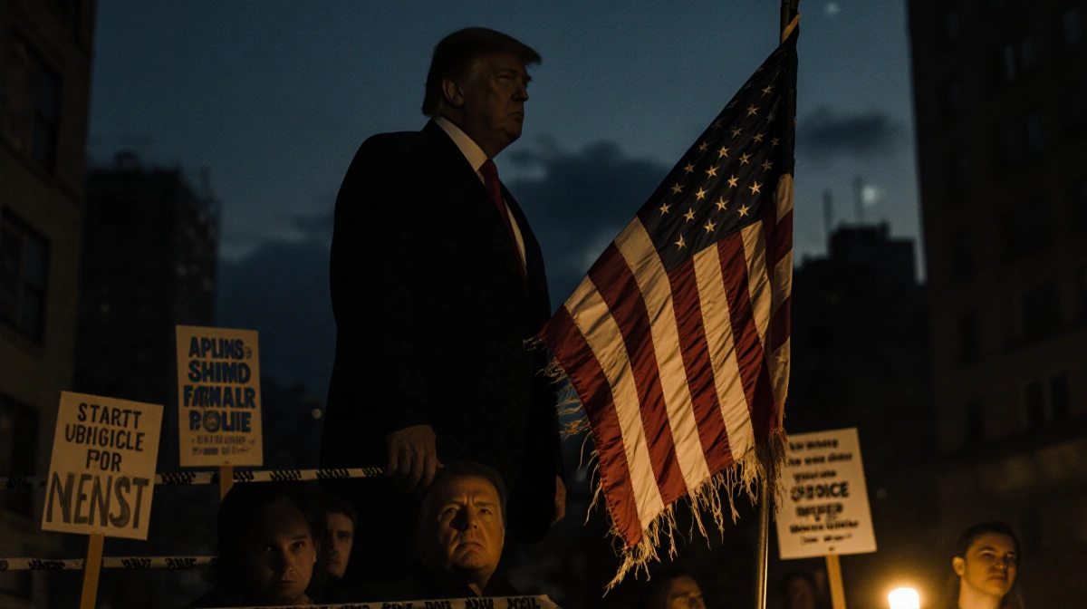 Frayed American flag waves at dusk with Trump