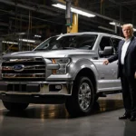 Donald Trump stands beside a Ford F-150 pickup truck with factory workers and assembly line in background