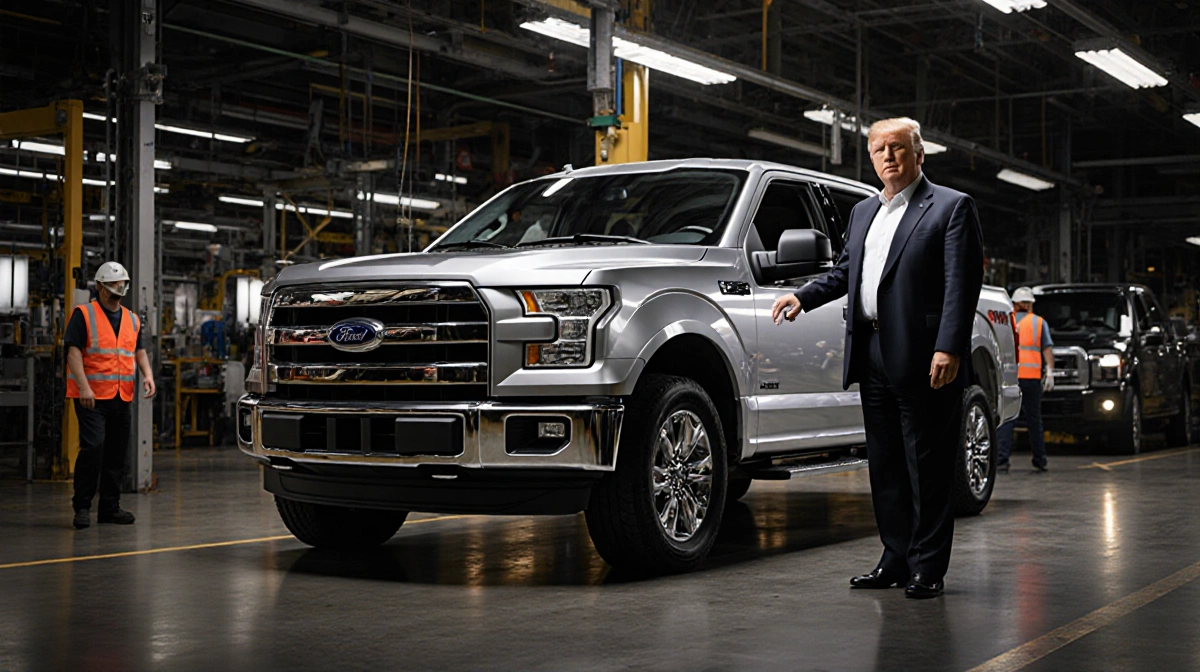Donald Trump stands beside a Ford F-150 pickup truck with factory workers and assembly line in background