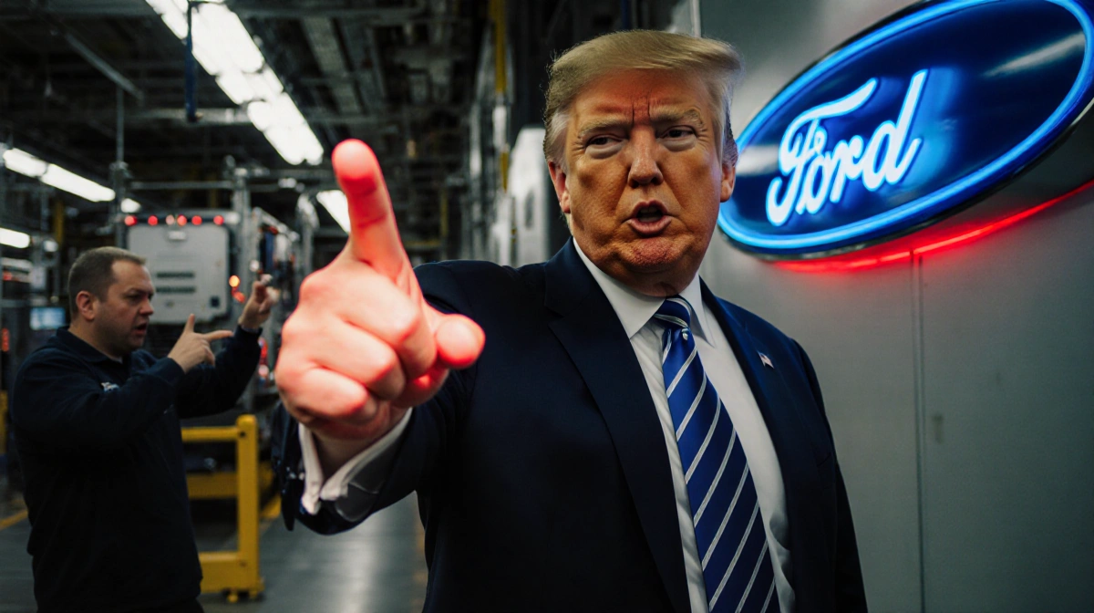 President Trump raising middle finger toward heckler with Ford logo on factory wall