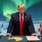 President Trump stands at desk with Greenland map and American flag with Danish flag draped over shoulder