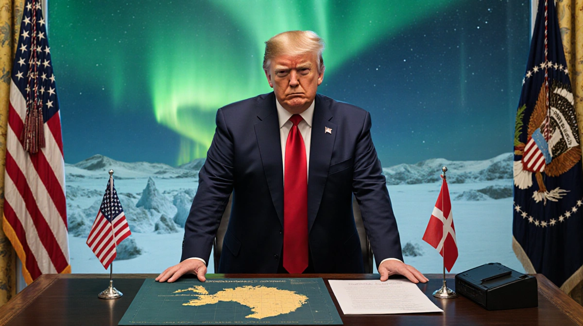 President Trump stands at desk with Greenland map and American flag with Danish flag draped over shoulder