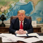 President Trump sits at Oval Office desk with Greenland map behind him and trade papers spread across the wooden surface