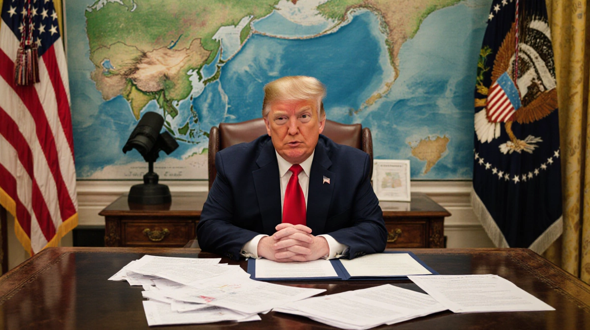 President Trump sits at Oval Office desk with Greenland map behind him and trade papers spread across the wooden surface