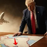 Trump pointing at Iran map with military jet taking off and red arrow marking target location