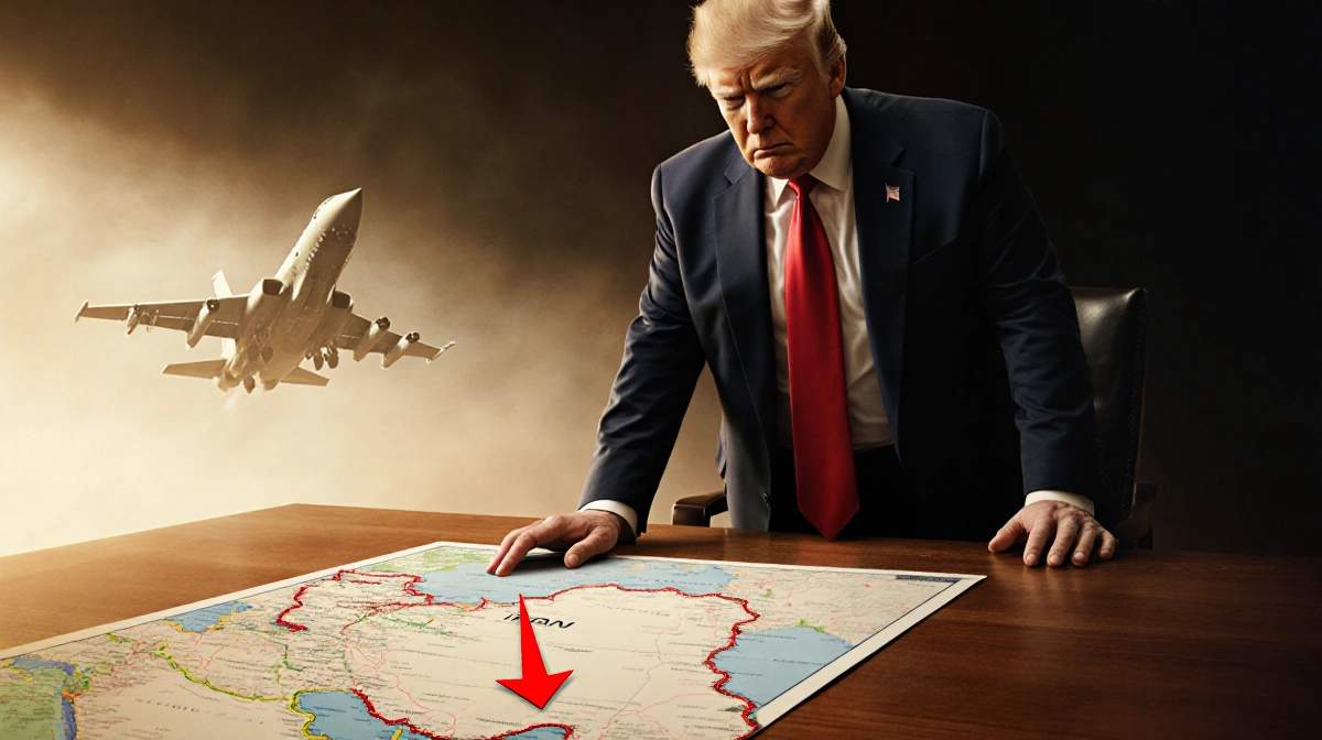 Trump pointing at Iran map with military jet taking off and red arrow marking target location