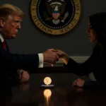 President Trump shaking hands with Venezuelan opposition leader as Nobel Peace Prize medal glows on table with presidential s