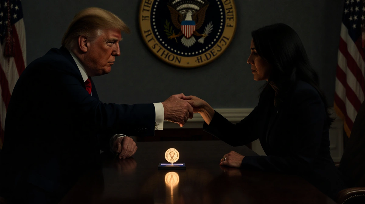 President Trump shaking hands with Venezuelan opposition leader as Nobel Peace Prize medal glows on table with presidential s