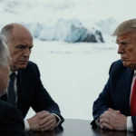 Trump meets Norwegian officials with stern expressions against snowy landscape showing Greenland tensions