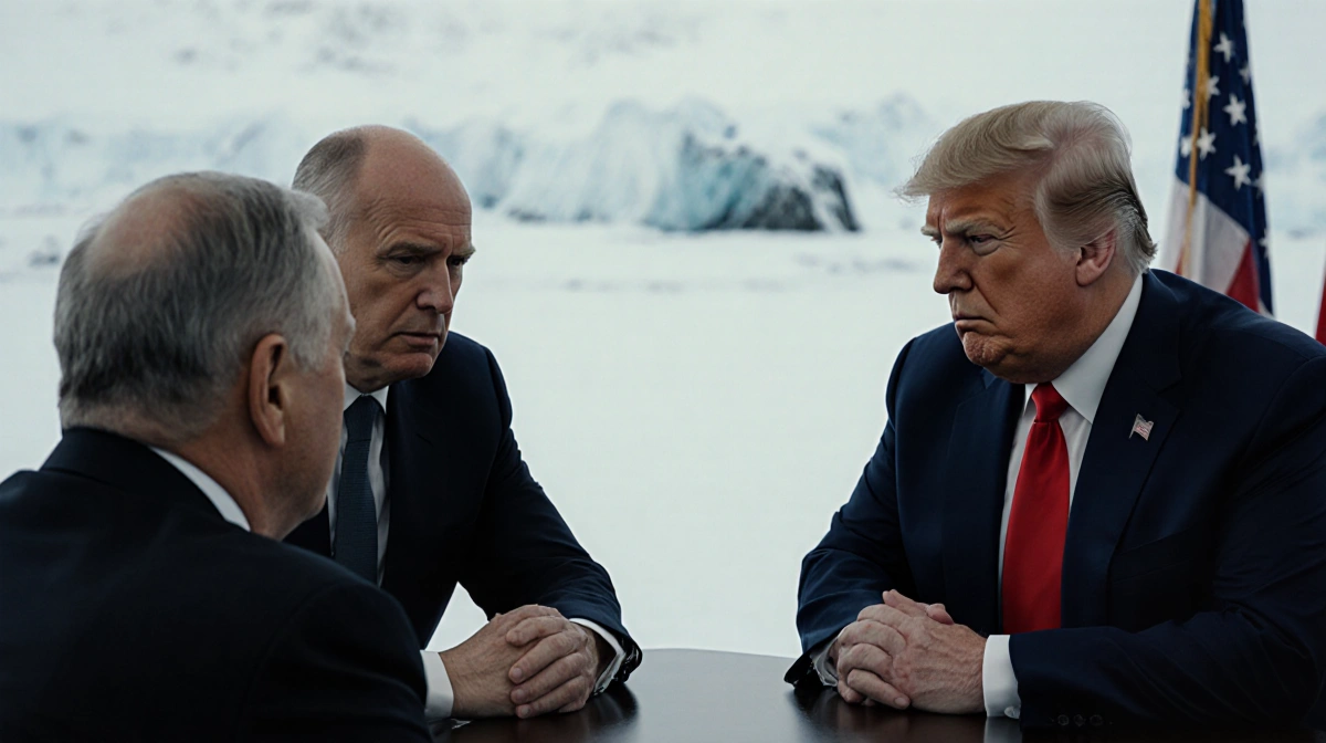 Trump meets Norwegian officials with stern expressions against snowy landscape showing Greenland tensions