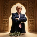 Donald Trump stands with crossed arms before an ornate golden door with peace symbols and holds an olive branch at his feet