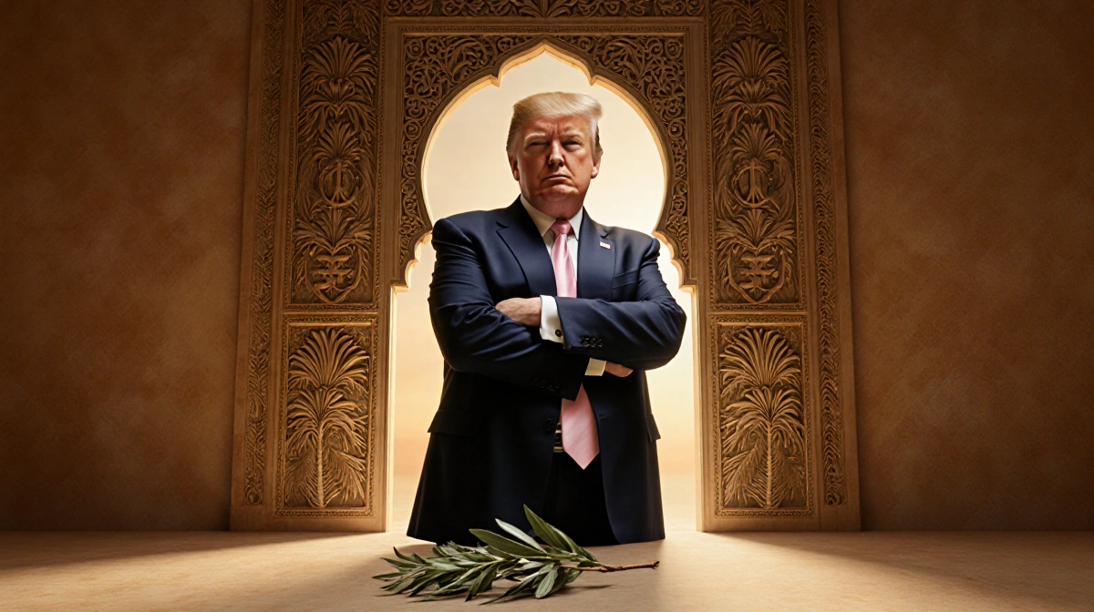 Donald Trump stands with crossed arms before an ornate golden door with peace symbols and holds an olive branch at his feet