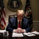 Donald Trump sits at Oval Office desk showing frustration with scattered papers and a limp flag.
