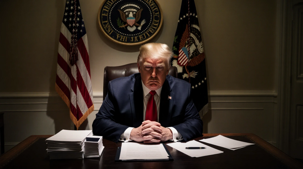 Donald Trump sits at Oval Office desk showing frustration with scattered papers and a limp flag.