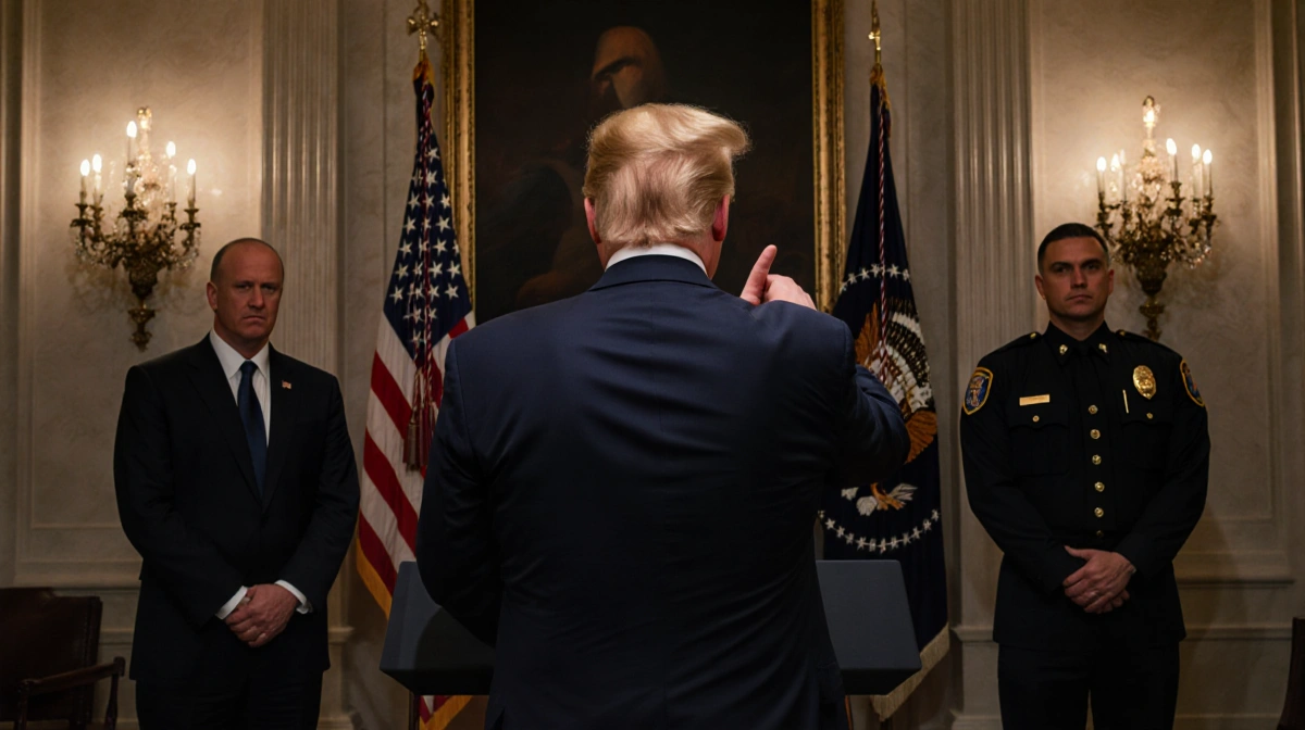Donald Trump gesturing at podium with American flag behind him and police officers standing guard