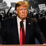 President Trump stands at podium with American flags and golden light and blurred Iranian protests in background.