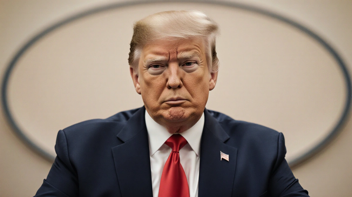 Trump stands with neutral expression and arms relaxed against plain beige oval background