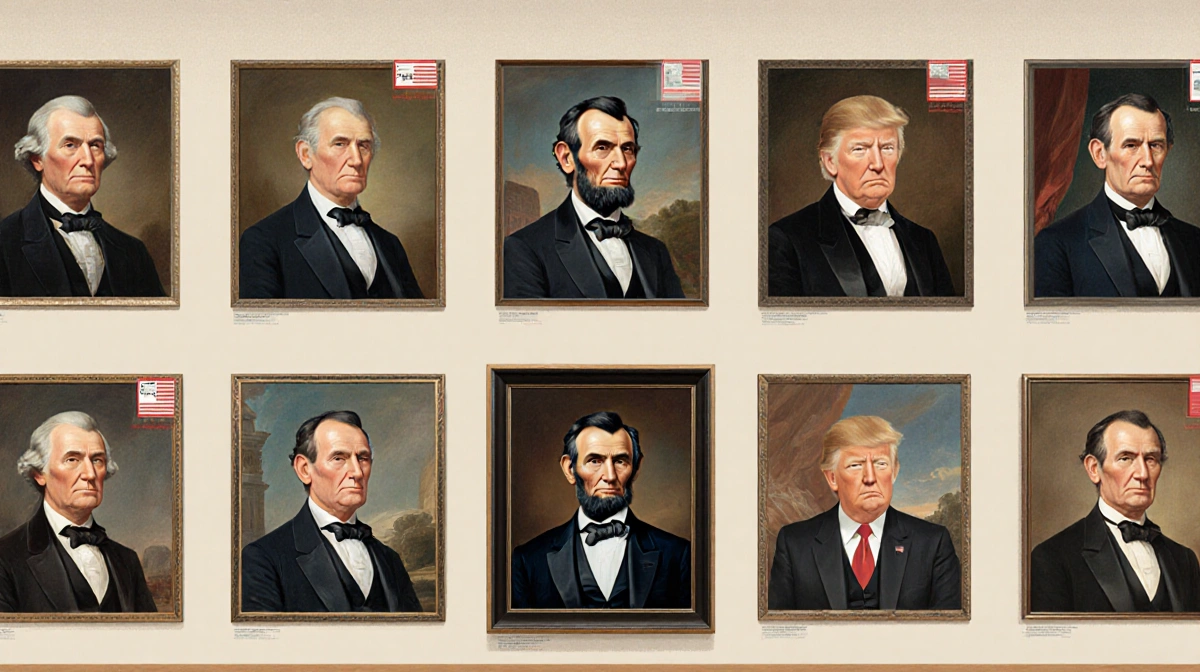 Historical gallery shelf showing presidential portraits with redacted documents near Trump's unobstructed portrait