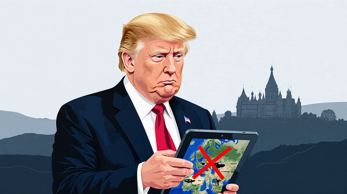 President Donald Trump stands holding a tablet with a red X on a drone strike symbol skeptical of claims in Russian landscape