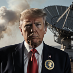 Donald Trump stands confidently with a massive satellite dish and a hazy Venezuelan oil tanker backdrop