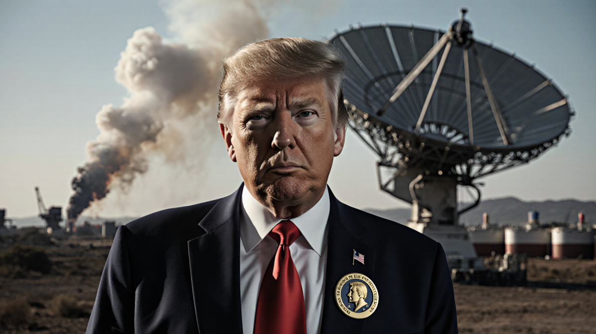Donald Trump stands confidently with a massive satellite dish and a hazy Venezuelan oil tanker backdrop