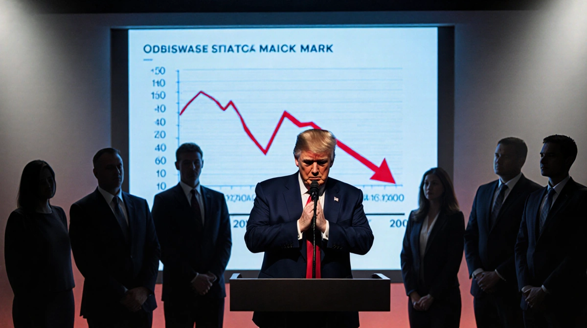 Donald Trump speaking at podium with declining stock market graph and silent business crowd in shadows