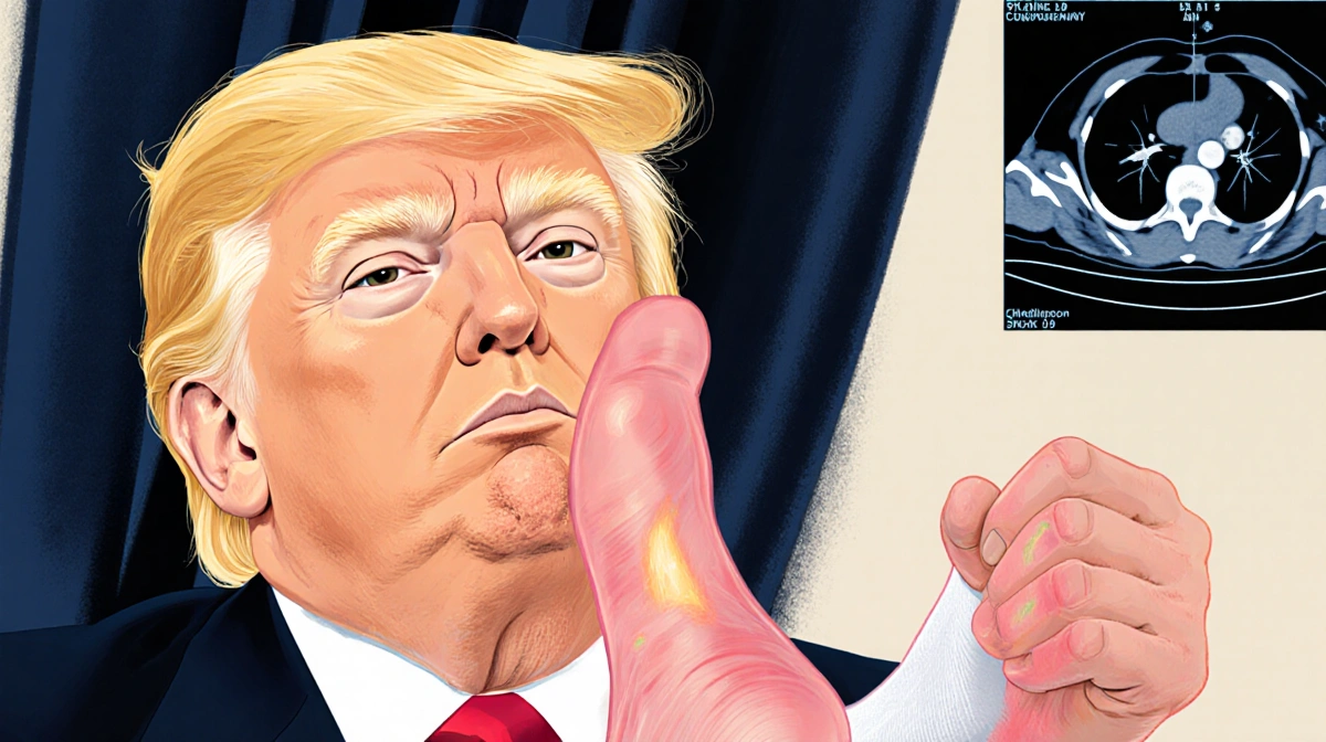 Donald Trump shows swollen legs in compression socks with a disappointed look.