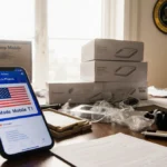 Smartphone shows Made in USA label with cancelled Trump Mobile T1 shipments and FTC badge on wall