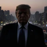 Donald Trump stands before Tehran cityscape with protests and military vehicles visible in the distance