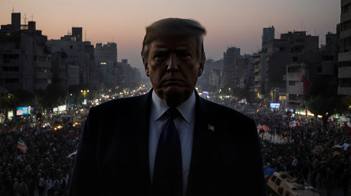 Donald Trump stands before Tehran cityscape with protests and military vehicles visible in the distance