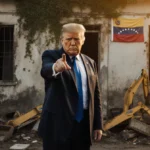 Donald Trump points at camera with crumbling Venezuelan building and vines behind gold light