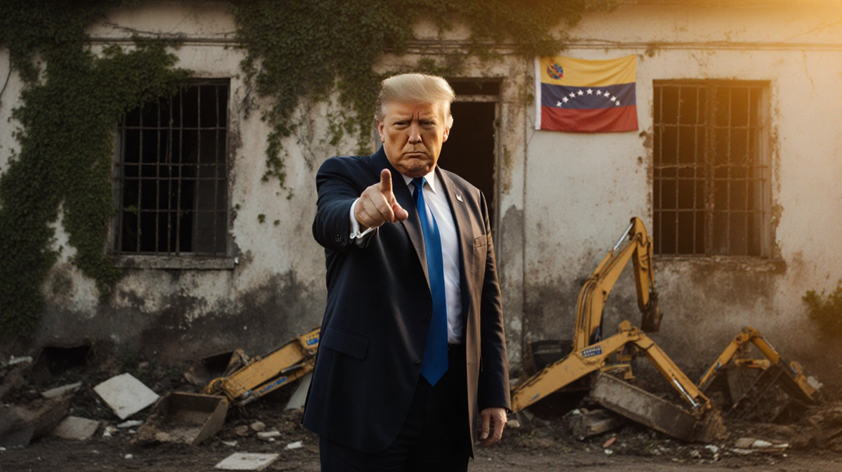 Donald Trump points at camera with crumbling Venezuelan building and vines behind gold light