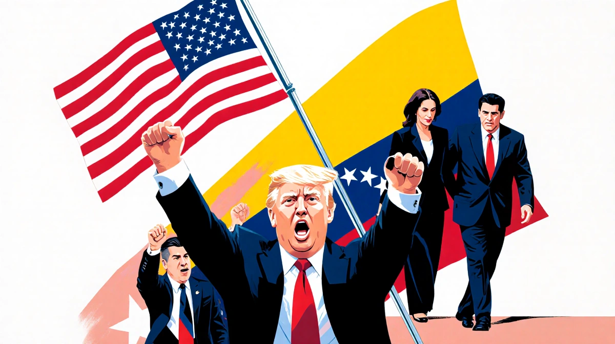 US flag being raised beside Venezuelan flag with Trump's face and hands shown and Maduro captured in background