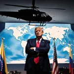 Donald Trump standing with South America map showing Venezuela and a black helicopter landing nearby casting shadow