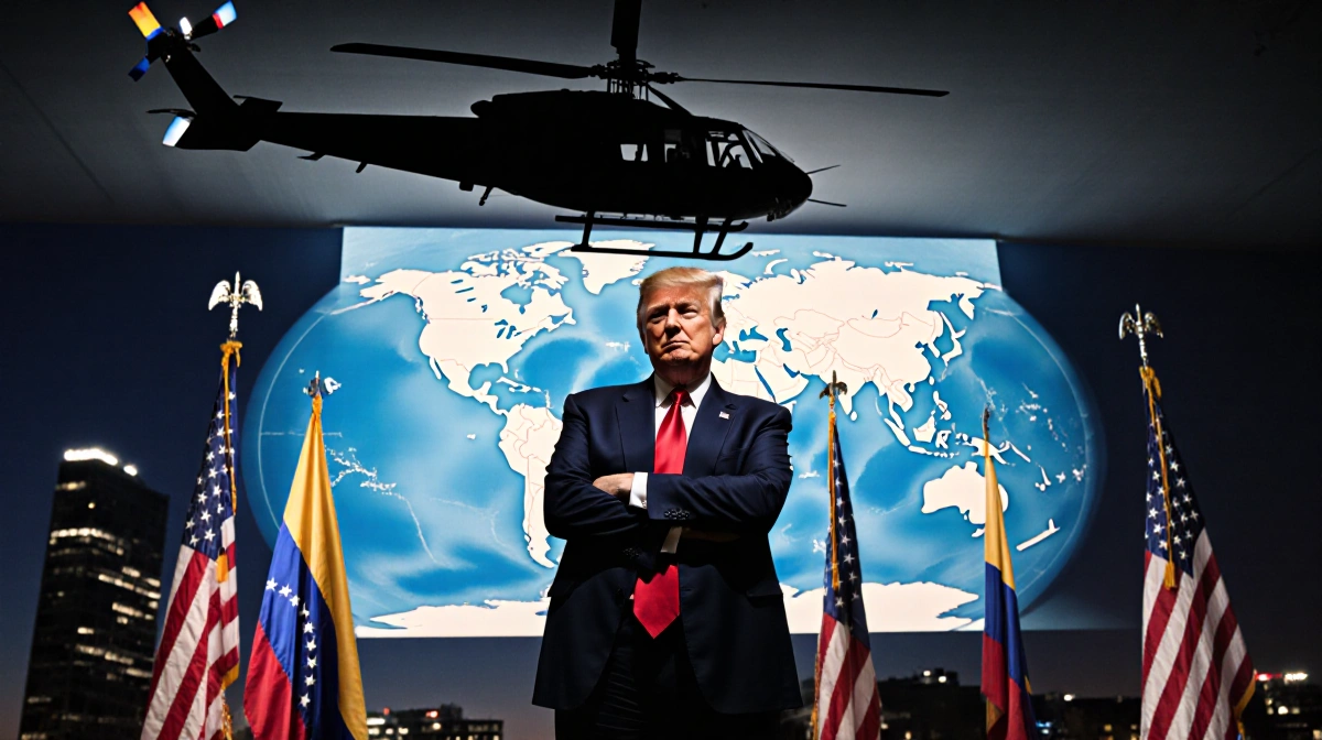 Donald Trump standing with South America map showing Venezuela and a black helicopter landing nearby casting shadow