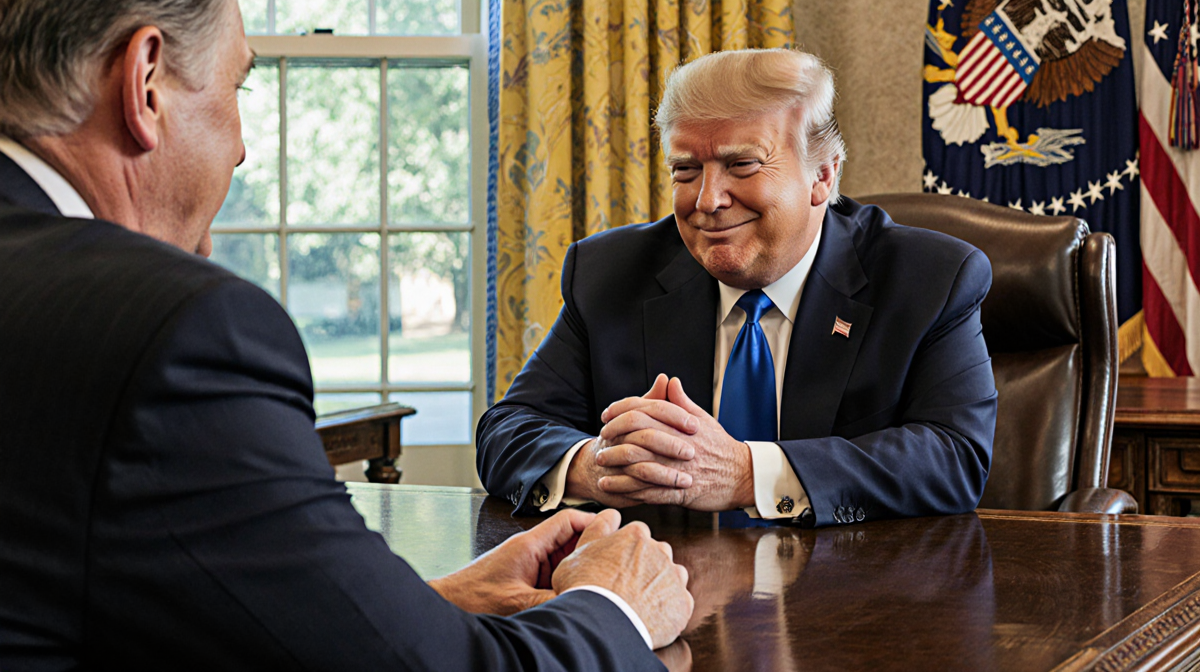 Donald Trump sits at a large wooden desk with Governor Tim Walz across polished wood under soft golden lighting and warmth