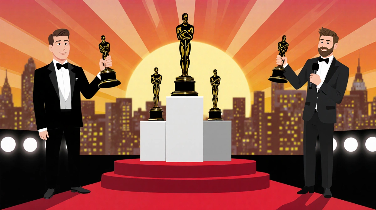 Noah Wyle holding Best Actor trophy and Seth Rogen holding comedy trophy on awards show stage