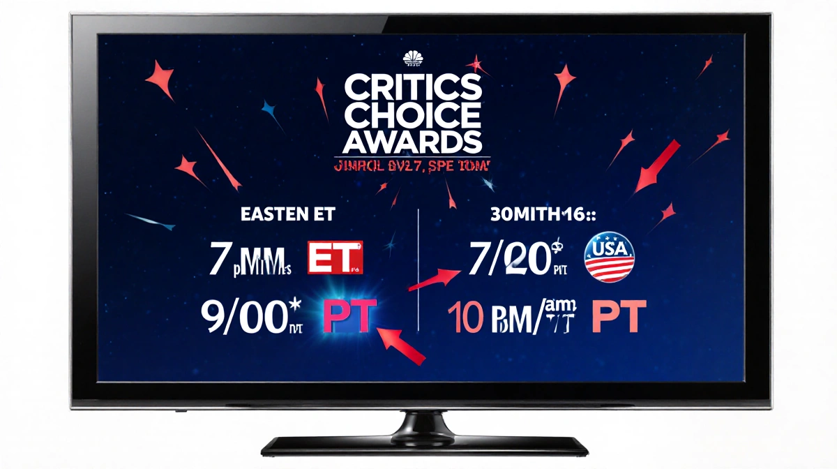 Television screen shows Critics Choice Awards 2026 schedule with ET and PT times arrows highlight segments red carpet flair